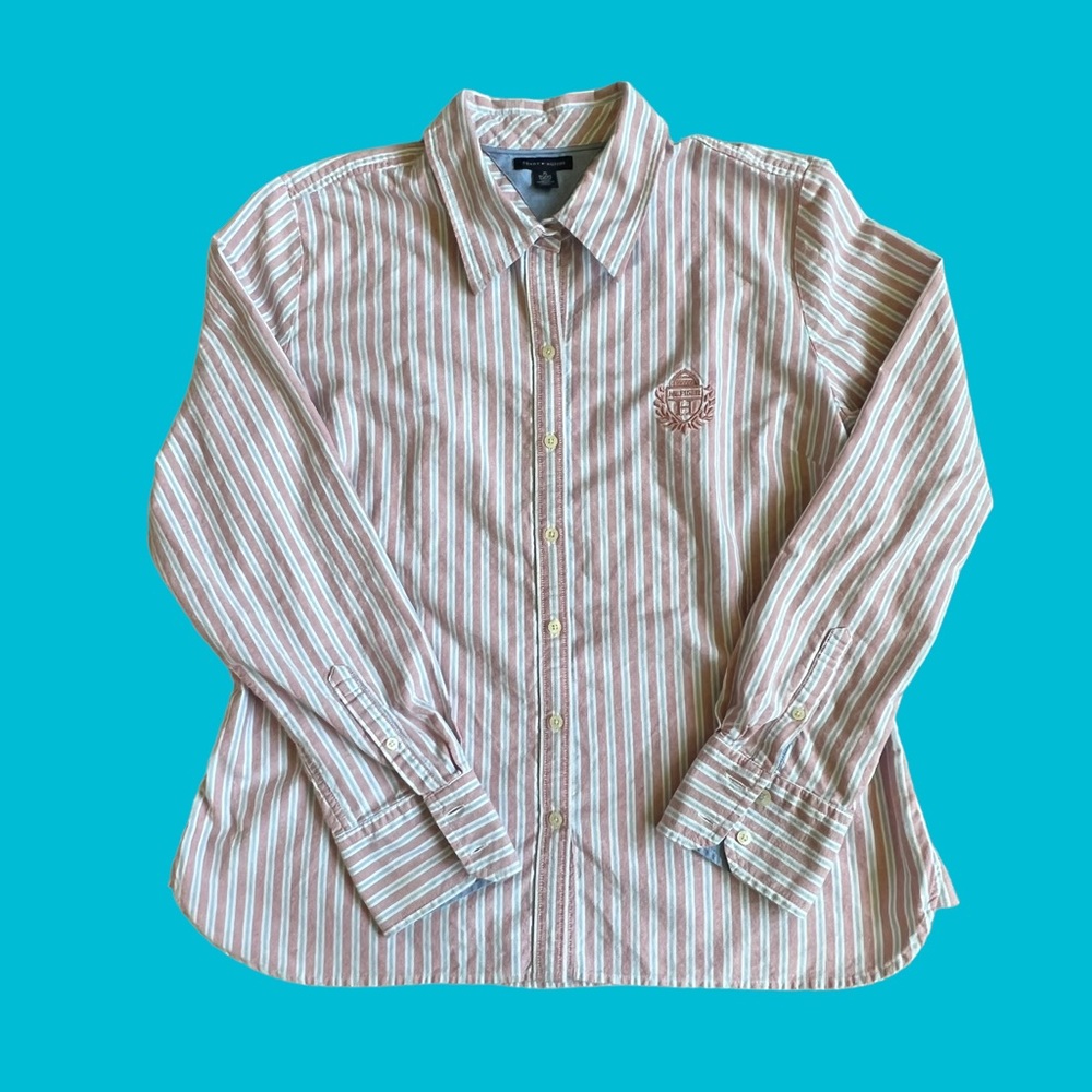 Tommy Hilfiger Button Shirt Dress Embroidered Pink Blue Striped Women Size XL